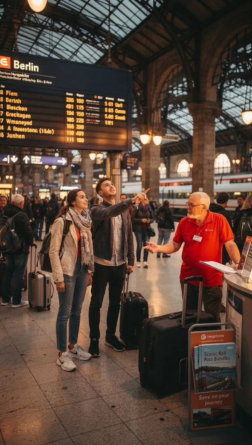 Karte von Deutschland mit markierten Zugstrecken und empfohlenen touristischen Zielen entlang der Route.